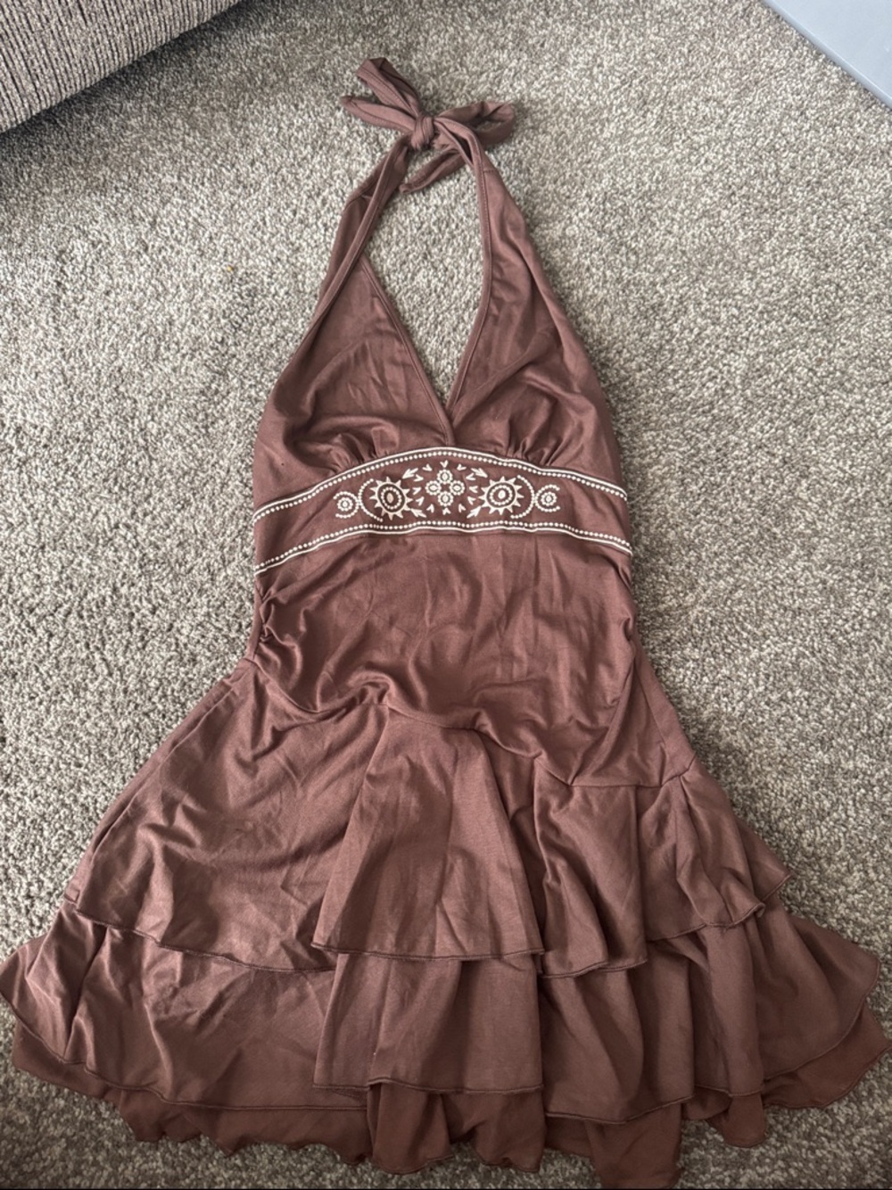 Brown Halter Tiered Ruffle Dress with Embroidered Waist